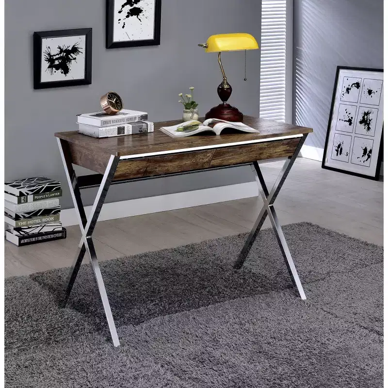 36" Callers Desks Weathered Oak and Chrome Finish: Metal Frame, Wood Surface, Open Storage Shelf