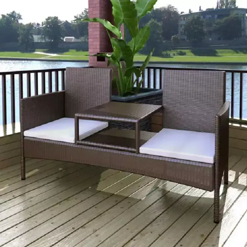vidaXL 2-Seater Patio Sofa Outdoor Bistro Set with Tea Table Poly Rattan Brown