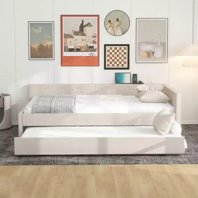 Upholstered Daybed with Trundle and USB Port, Wood Daybed Sofa Bed with L-Shape Headboar for Kids Teens Adults, Beige