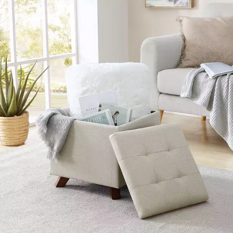 Home Linen Tufted Square Storage Ottoman - 15 Inch