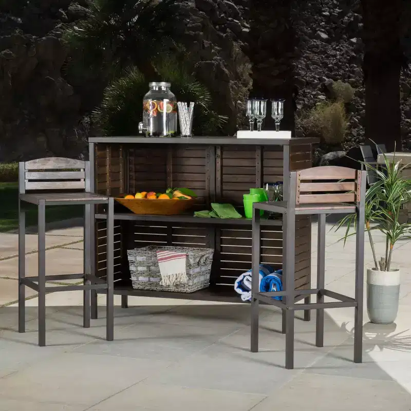 GDFStudio Darnel Outdoor Acacia Wood 3 Piece Bar Set, Dark Brown