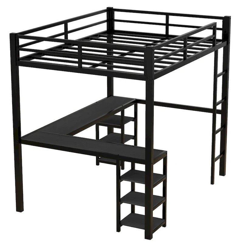 Full Metal Loft Bed with Desk and Shelves