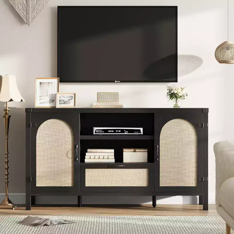 Wood & Rattan Sideboard Cabinet 59.1''W x 18.43''D x 8.07''H