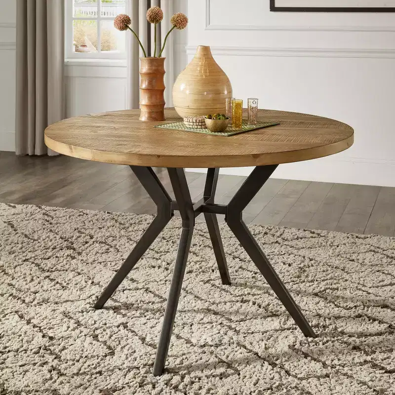 Hendrick Wood Finish and Iron Gray Metal Base 4-Person Round Dining Table - Light Pine/Grey - iNSPIRE Q