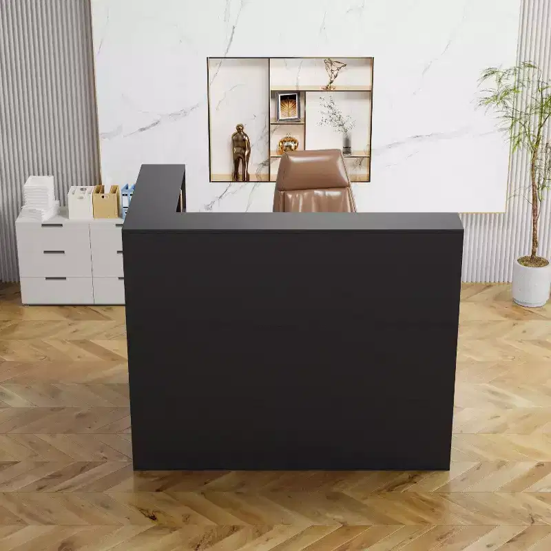 Famapy Modern L-Shaped Reception Desk with Removable Shelves Lockable Storage Welcome Desk Cable Management