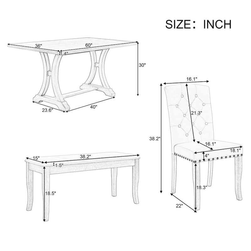 6-Piece Farmhouse Dining Table Set, Rectangular Trestle Table and 4 Upholstered Chairs & Bench