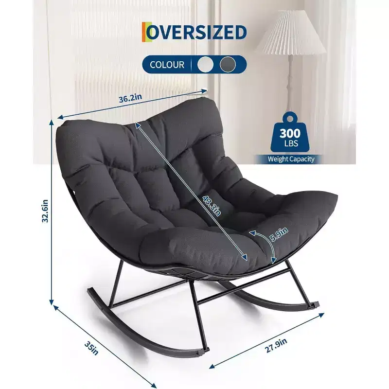 Acekool Outdoor Papasan Rocking Chair, Oversized Egg Rocker with Metal Frame, Rattan Patio Chair