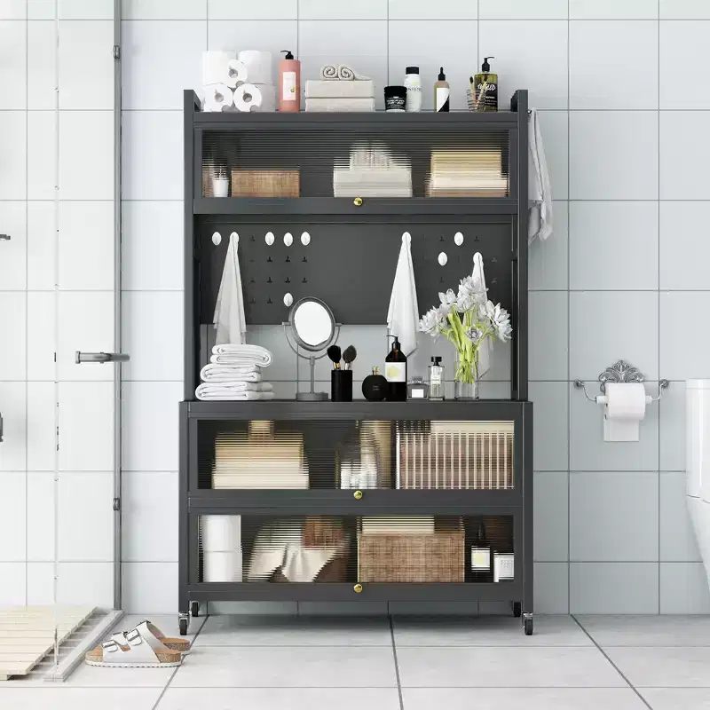 65 Tall Kitchen Bakers Rack with Flip Door Cabinet, 5-Tier Microwave Stand, Coffee Bar, Grey