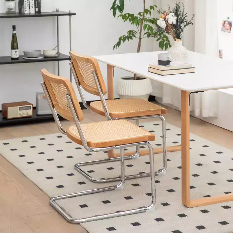 GDFStudio Bijan Mid-Century Modern Rattan Dining Chairs with Chrome Legs (Set of 2)