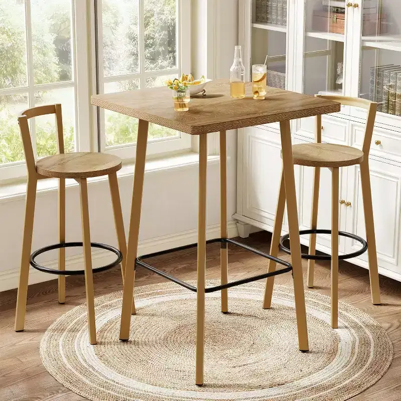 Lantine Bar Table and Chair Set, 39.4 H Square Bistro Pub Table with 2 Chairs, Bar Height Table for Dining, Cafe, Apartment, Balcony, Oak Color