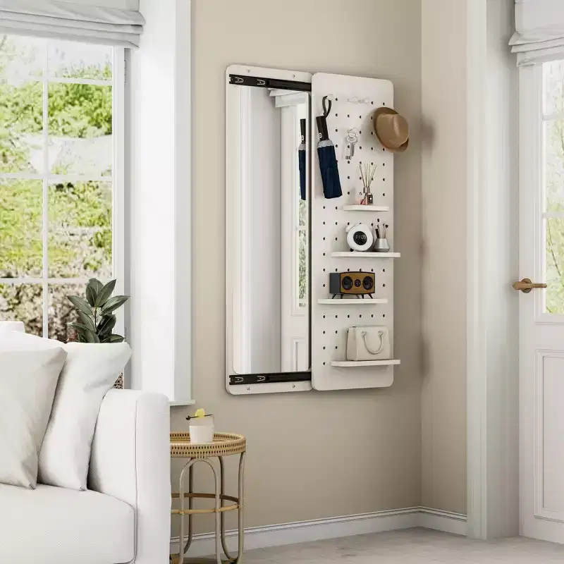 Wall Mounted Full Length Mirror, Full Body Mirror with Shelf, Full Body Mirror with Hook Wall Mounted Mirror with Multifunctional Design Panel