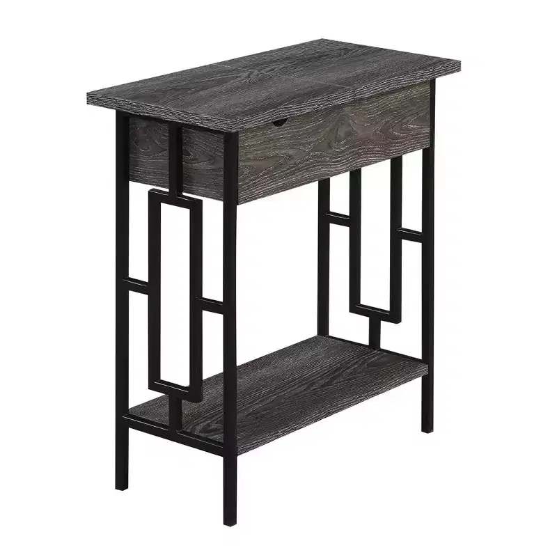 Flip Top End Table with Charging Station, USB Ports, Cable Management and Bottom Shelf, Weathered Gray/Black