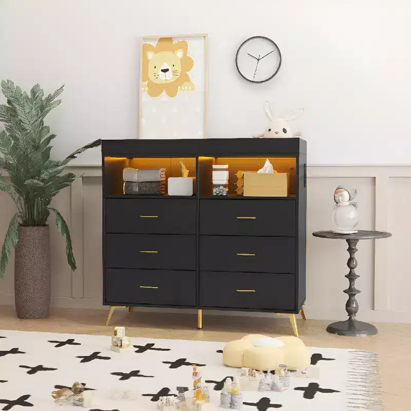 Storage cabinet with drawers, changing table dresser, power socket, with light and metal legs, suitable for living room, bedroom and baby room