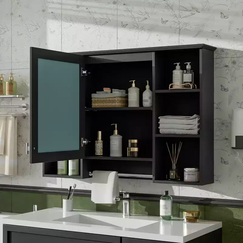 41 Inch Bathroom Wall Cabinet, Wall Mounted Medicine Cabinet with Towel Rack & Open Shelves, Over Toilet Floating Storage Cabinet for Bathroom