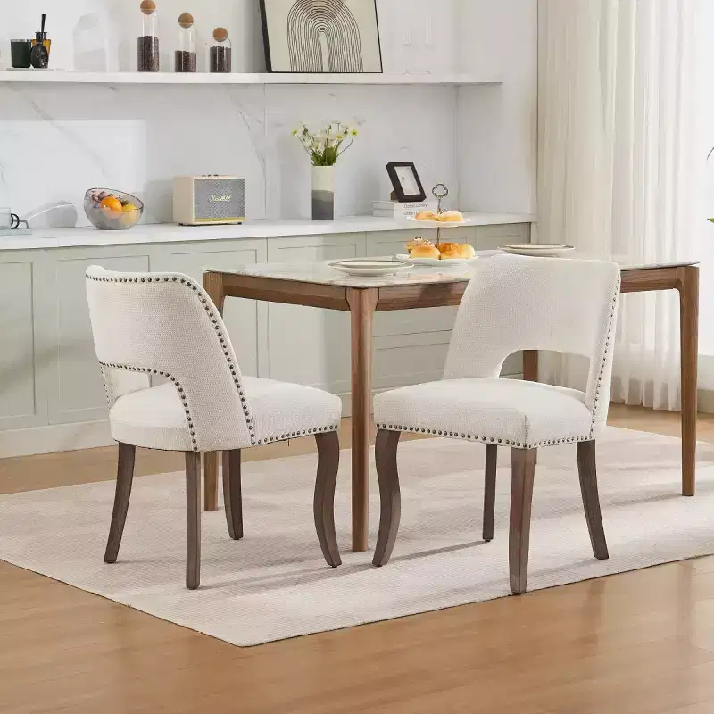 Set of 2 Modern Upholstered Dining Chairs with Curved Backrest and Wood Legs