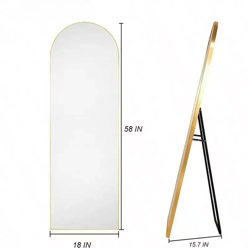 58x18 Gold Arched Mirror with Stand. Freestanding Full Length Floor Mirror Featuring a Lightweight Aluminum Frame