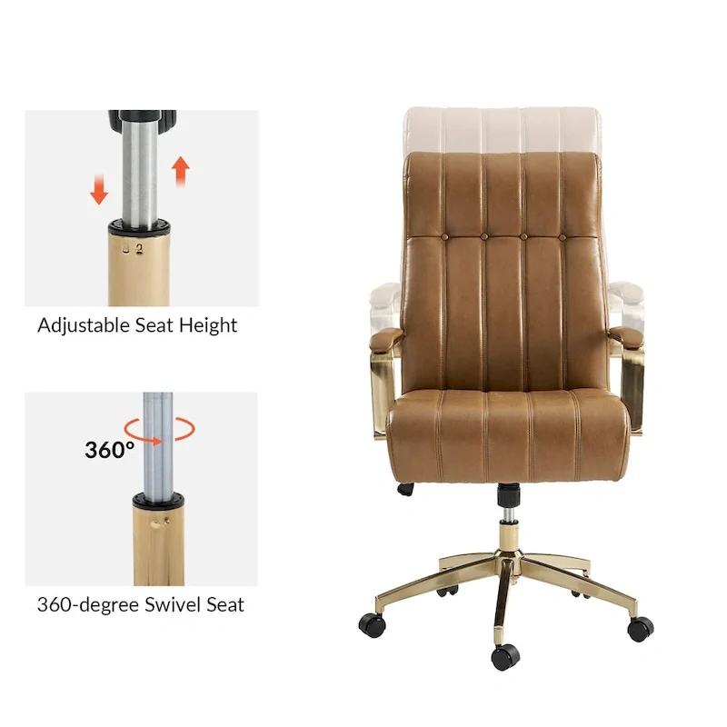 Mid-Century Modern Vegan Leather Swivel Tilting Office Chair with Channel Tufted and Metal Feet