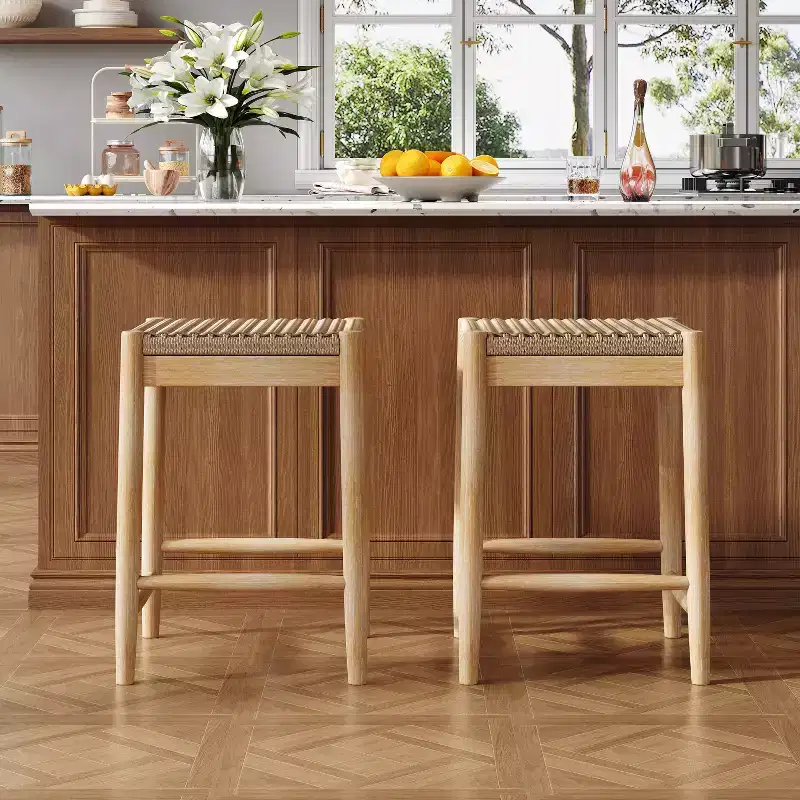 Boho 25.8 Acacia Wood Backless Counter Stools with Wicker Woven Seat