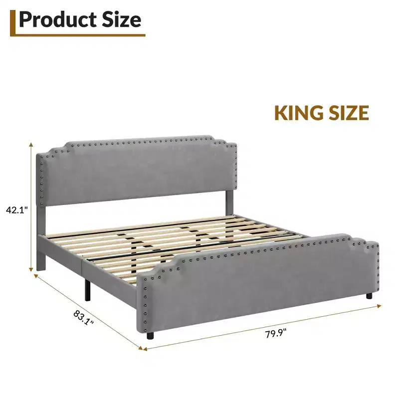 King Bed Frame with Tufted Headboard, Strong Wooden Slats & No Box Spring Required