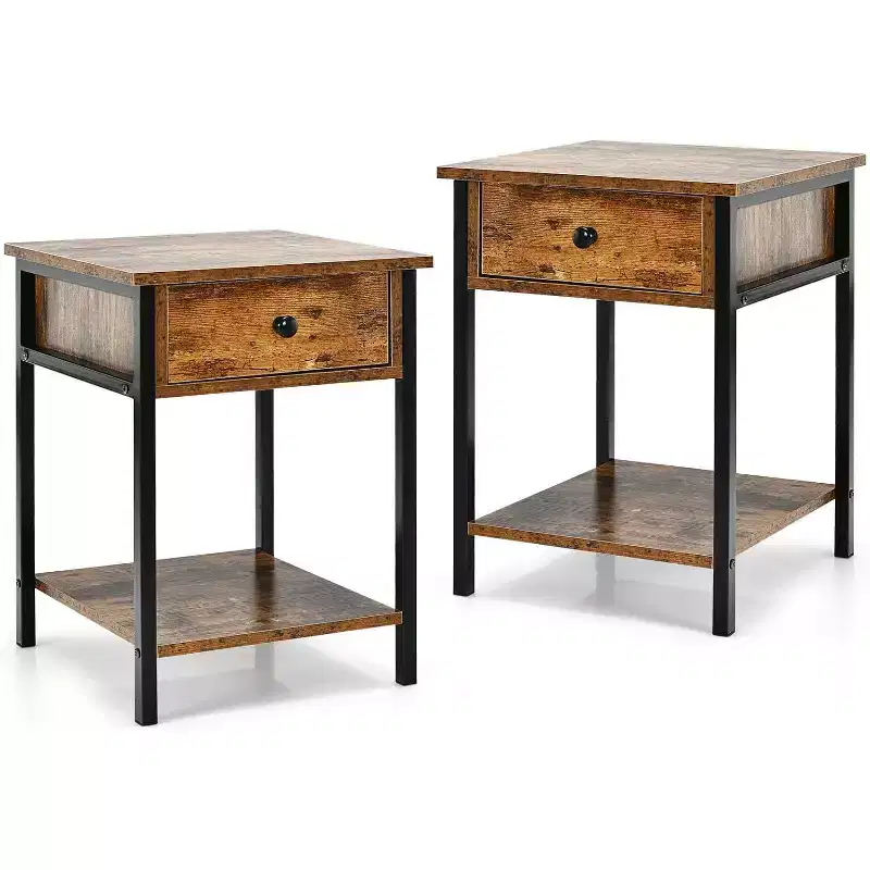 Costway Set of 2 Industrial 2-Tier End Table Nightstand with Storage Drawer and Shelf Bedside Tables with Metal Frame Brown