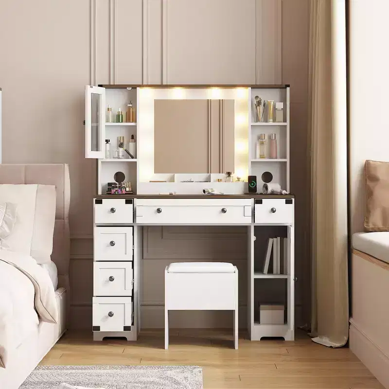 Makeup Vanity with Soft Cushioned Stool, Farmhouse Dressing Table with 6 Drawers & 2 Cabinet & Open Shelves