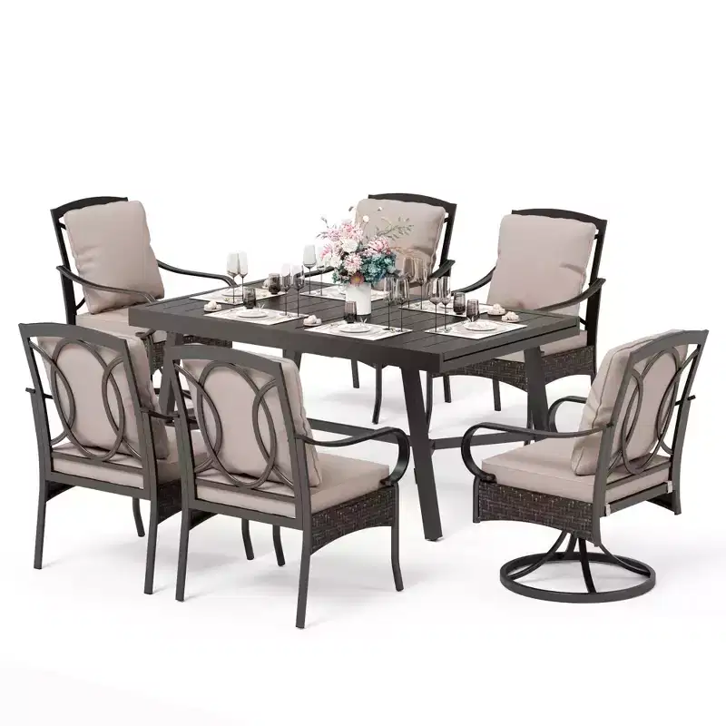 Captiva Designs 7pc Patio Dining Set with Slat-top Rectangle Table & Rattan Metal Fixed Chairs & Swivel Arm Chairs