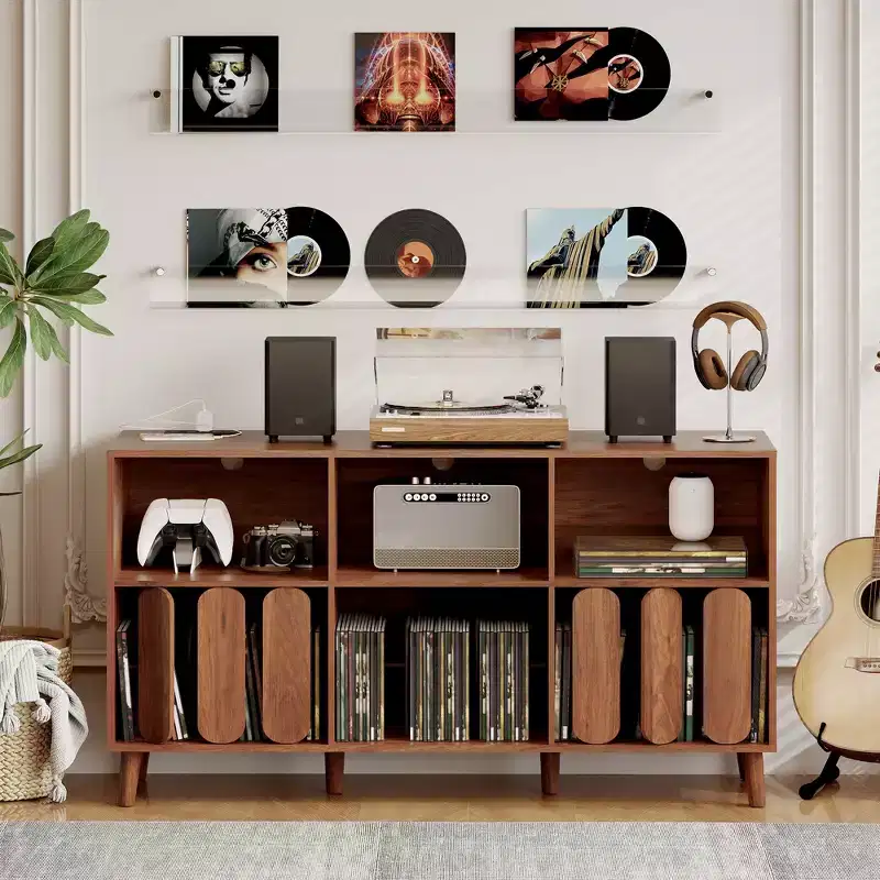 55 Large Record Player Stand, Wood Rustic Vinyl Record Storage Cabinet with Charging Station, 2 Outlets & USB Ports, Open Shelves Holder