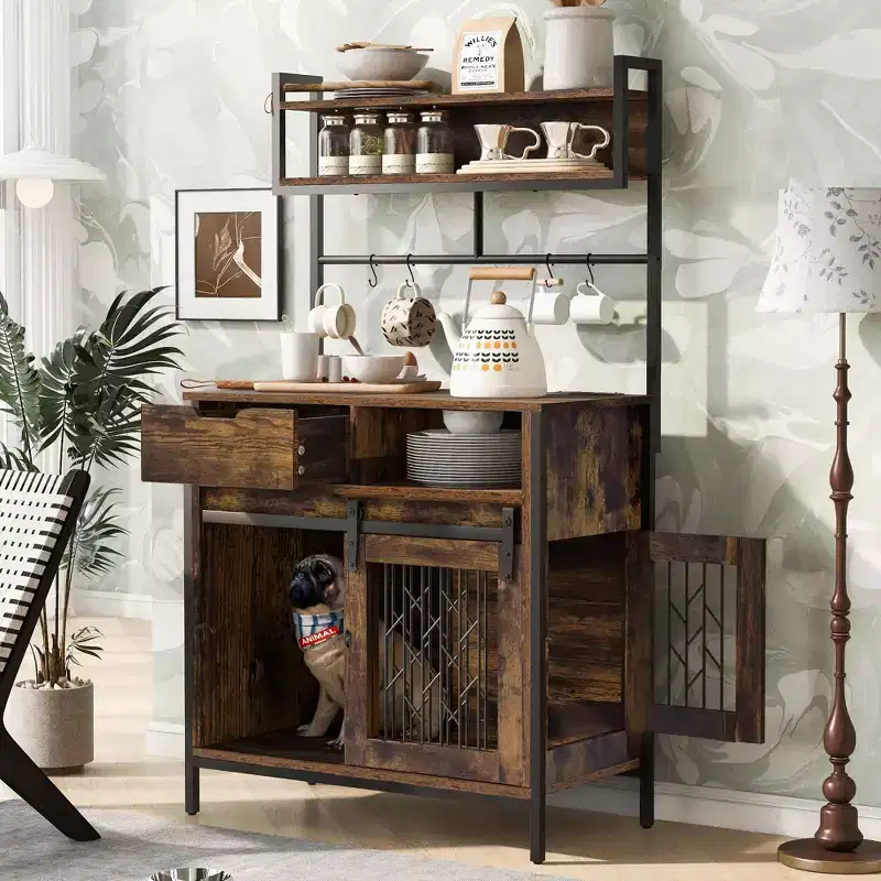 31.5 Inch Dog Crate Furniture with Drawers & Charging Station, Double Door Indoor Kennel with Storage, Rustic Brown