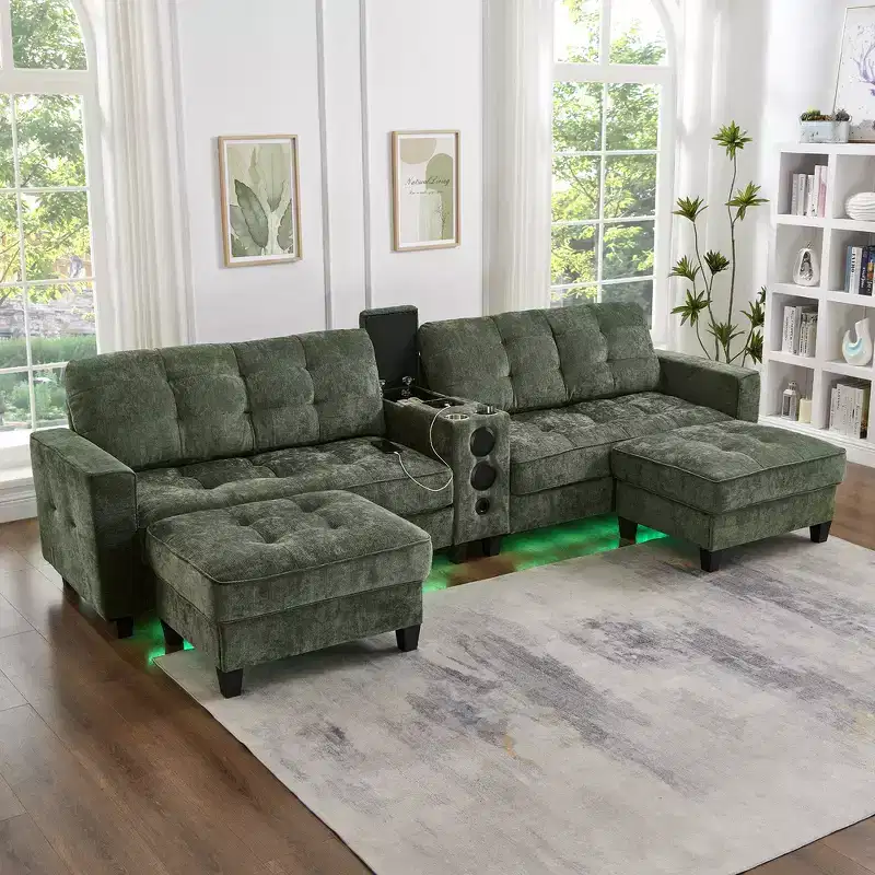 126 Sectional Sofa with Center Console, Cup Holders, U-shaped Sectional, Built-in Bluetooth Speakers, and 2 Storage Ottomans for Living Room