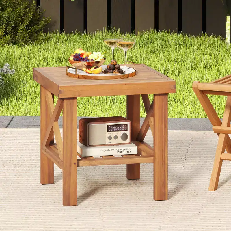 Costway Outdoor Side Table Acacia Wood Adirondack Table w/ Storage Shelf Natural