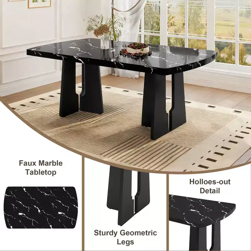 GDFStudio Hawkins 63 Modern Faux Marble Dining Table with Sturdy Geometric Legs