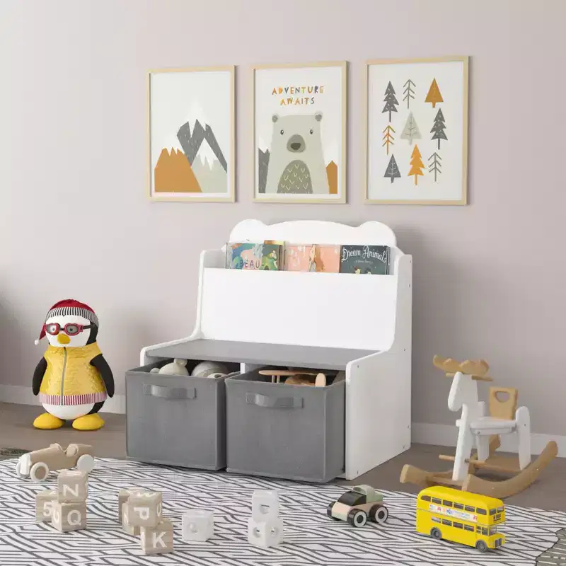 Whisen Kids Bookshelf with Storage Bins, Book Display Shelf and 2 Fabric Bins, Cute Bear-Shaped Backboard - White & Gray