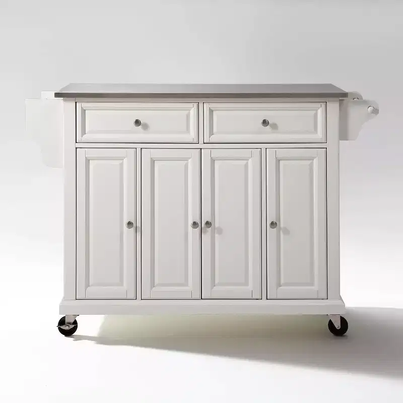 Full Size Stainless Steel Top Kitchen Cart White, Mobile Storage with 3 Cabinets and Spice Rack