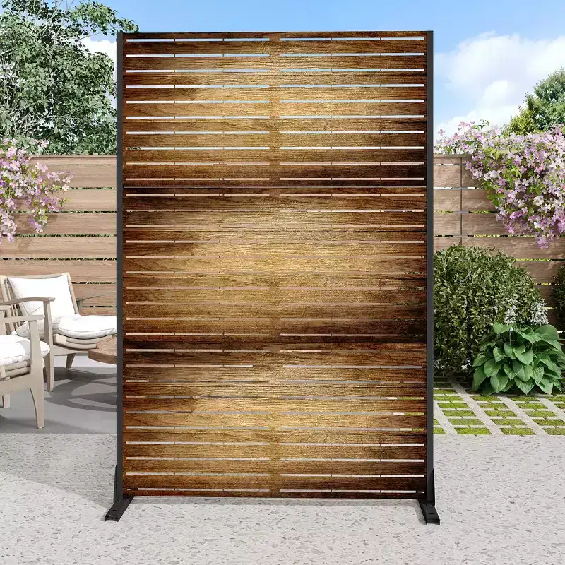 MAYEERTY 72 inch Room Divider with Galvanized Frame Wood Gain Privacy Screen Garden Fence Patio Brown