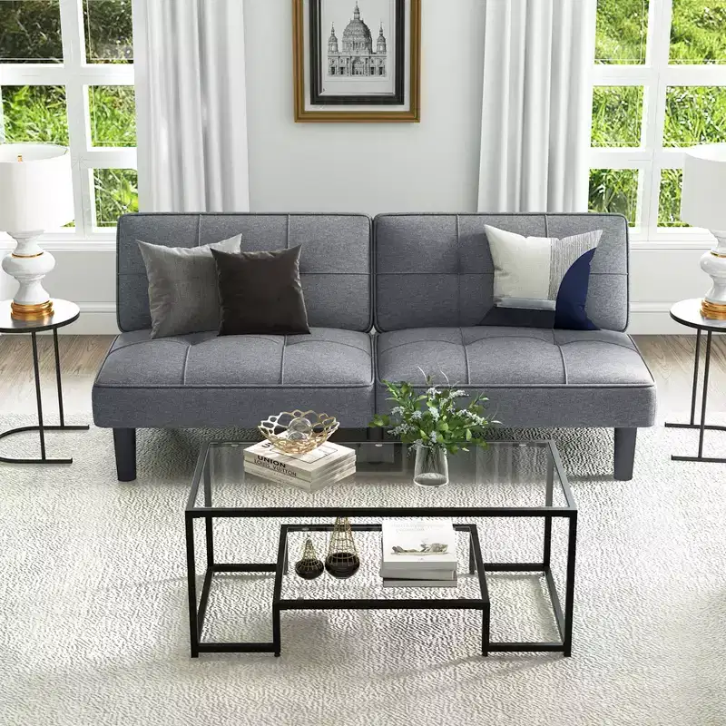 Convertible Folding Futon Sofa Bed, 6-Position Adjustable Backrest, Linen Fabric, Solid Wood Frame – 64
