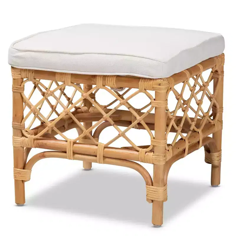 Fabric Upholstered and Rattan Ottoman White/Natural : Comfortable Seating, No Assembly Required