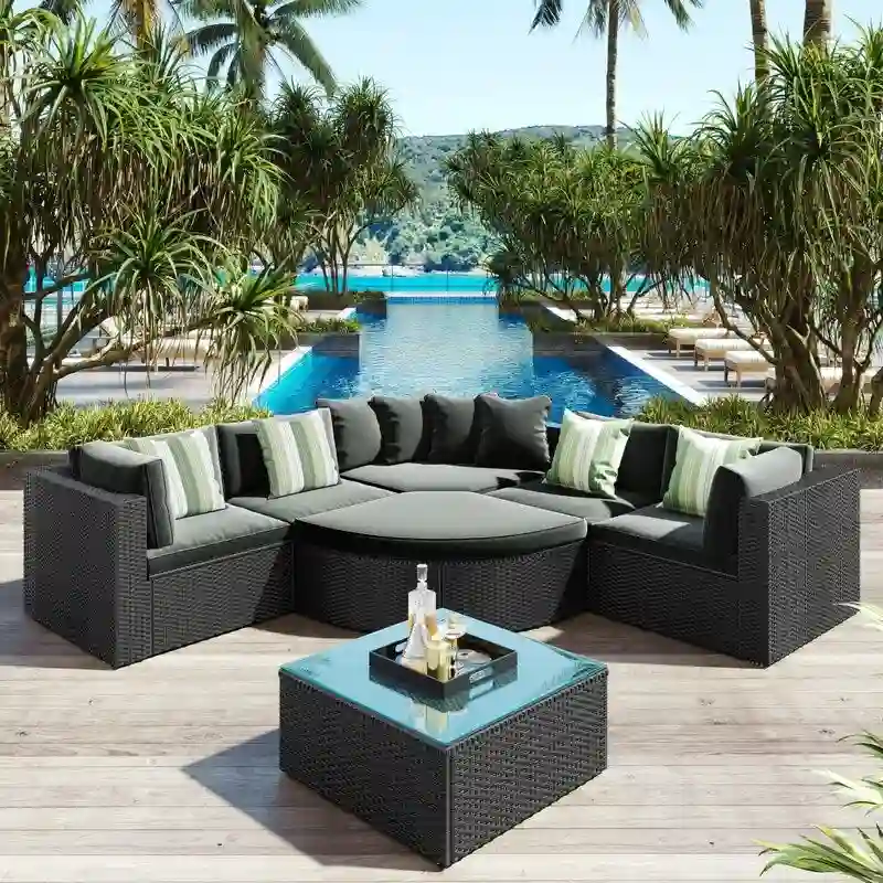 7-piece Outdoor Wicker Conversation Sofa Set With Striped Green Pillows