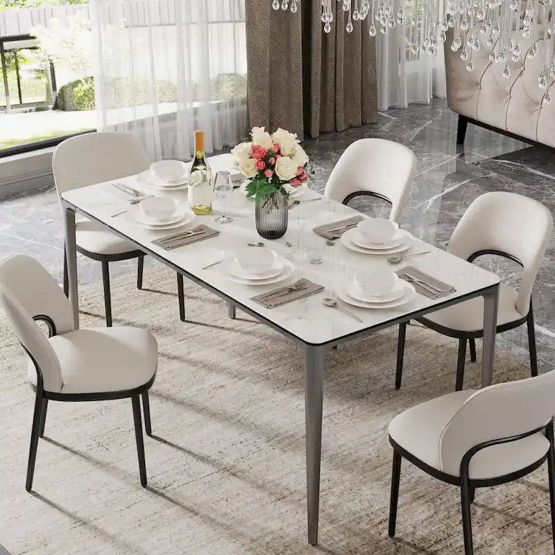 Carbon Grey White Rectangular Dining Table, Sintered Stone & Tempered Glass Top, Seats 6