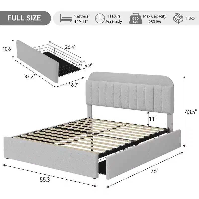 Twin Bed Frame with Storage Headboard, Kids Bed Frame with 2 Drawers, Easy Assembly, No Box Spring Needed