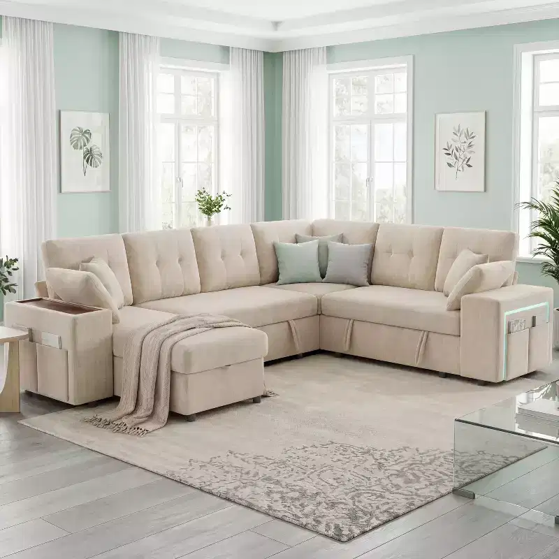 Dyonery 112 Modular Sofa Set, L-Shaped 7-Seater Sofa Bed / With Height-Adjustable Storage Chaise Armrests / USB/LED Light, Chenille Sofa Bed.