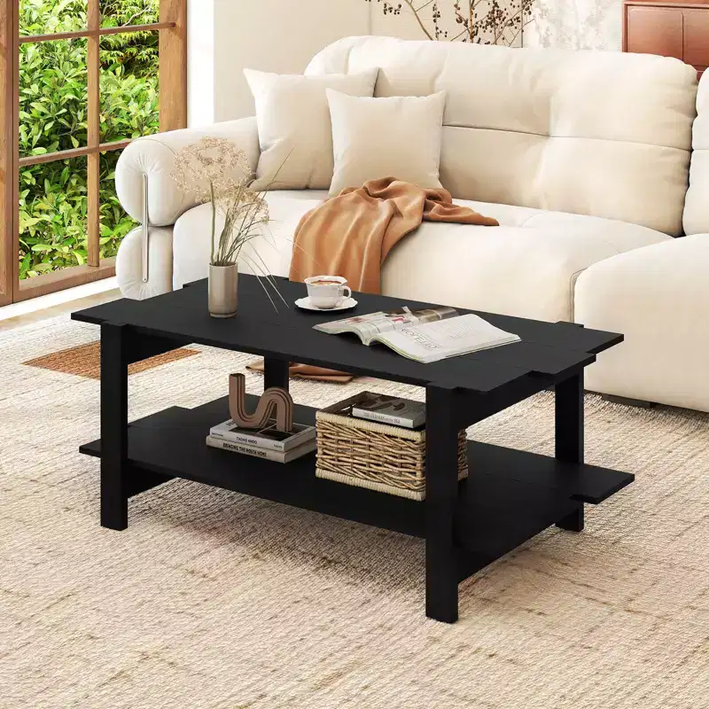 2-Tier Coffee Table with Open Storage Shelf, Irregular Design