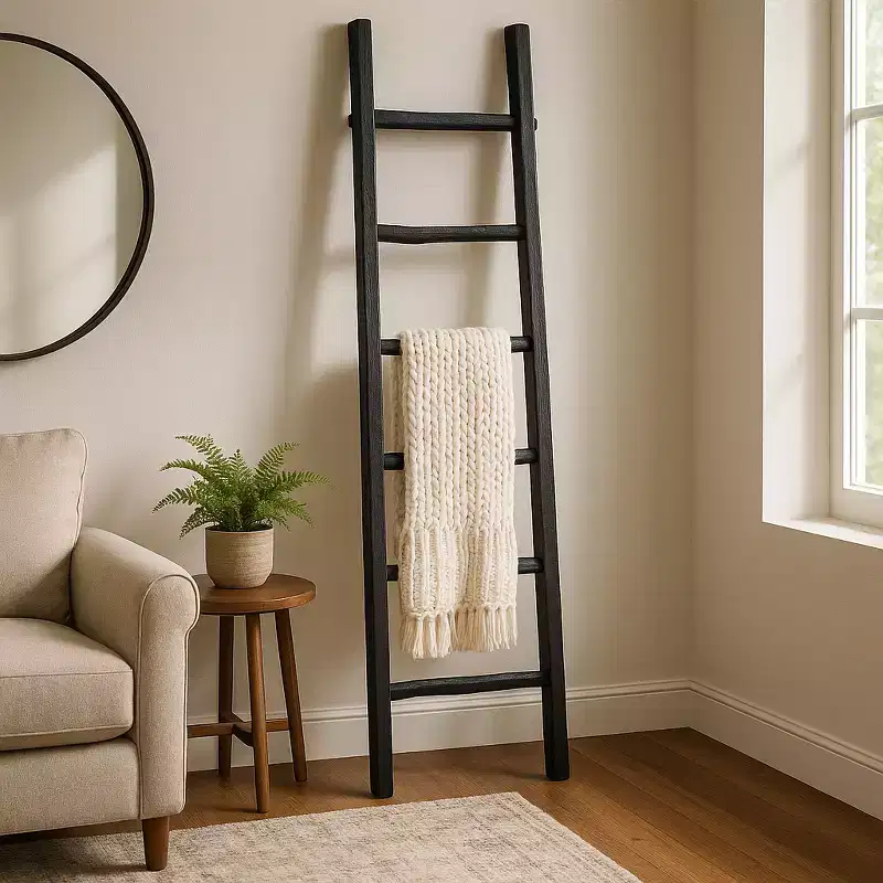 Decorative Vertical Ladder with Towel Rack Design for Blankets - Slim Storage Stand with Hooks for Bedroom or Living Room