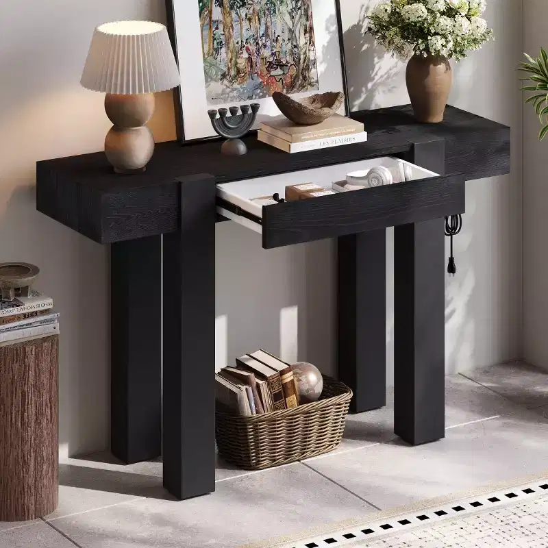 Console Table with Storage Drawer, Wood Veneer Sofa Table, Narrow Entryway Table for Living Room or Home Office