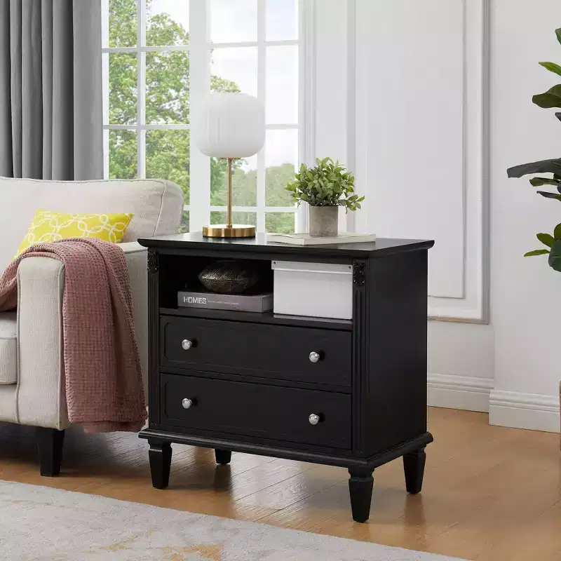 Mid-Century Modern Nightstand with Charging Station LED/Night Light 2-Drawer Fluted Design Lockable Solid Wood (W1693P216933)