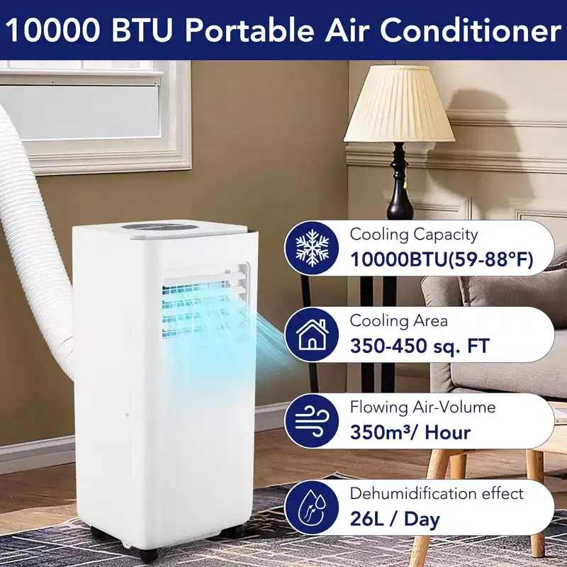 10000 BTU Portable Air Conditioner - 3-in-1 Cooling, Dehumidifier, Fan for Rooms Up to 450 Sq ft, with Remote, Sleep Mode, 24H Timer & Easy Mobility