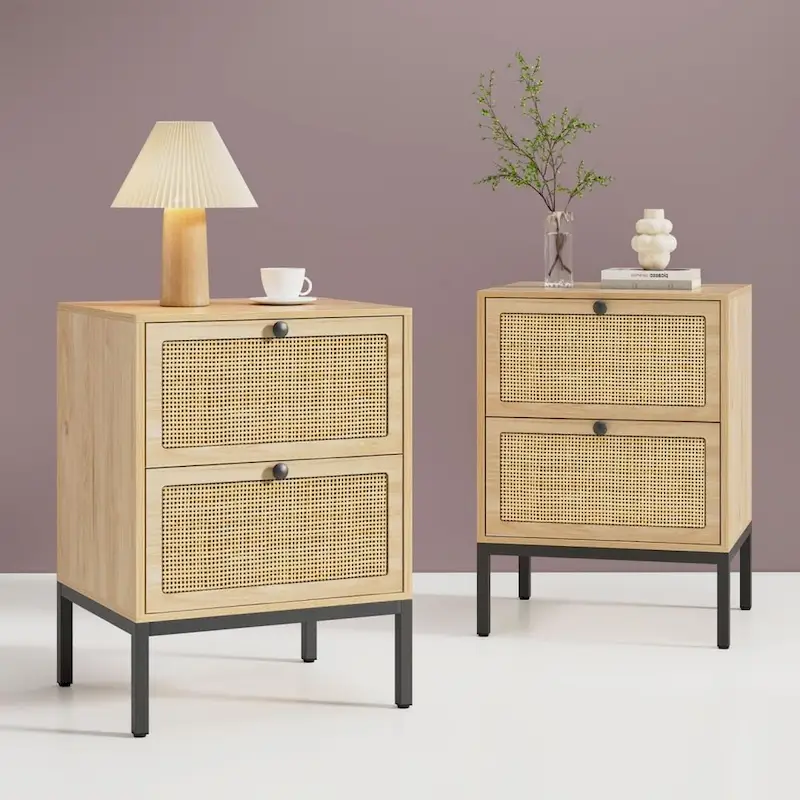 Boho Natural Rattan Nightstand with Drawer of 2