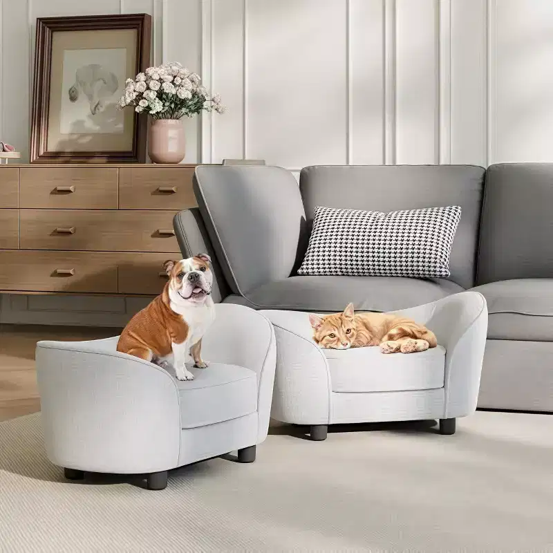 Pet Sofa Bed with Washable Cushions, Chenille Fabric, Solid Wood Frame, Cats & Dogs