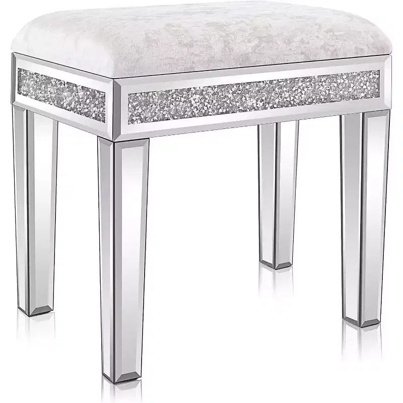 VINGLI Mirrored Vanity Stool with Storage, Upholstered Velvet Ottoman, Makeup Dressing Table Bench, Silver