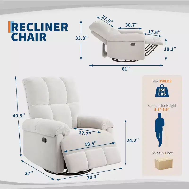 Acekool Manual Recliner Chair, 360 Swivel Rocker Glider Recliner with Padded Armrests, Modern Chenille Upholstered Chair