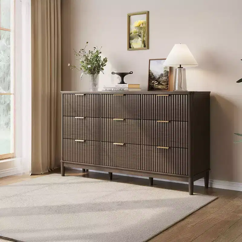 Fluted 9 Drawer Dresser for Bedroom, Mid Century Modern Large Chest of Drawers with Gold Metal Handles, Wide Boho Wood Dressers